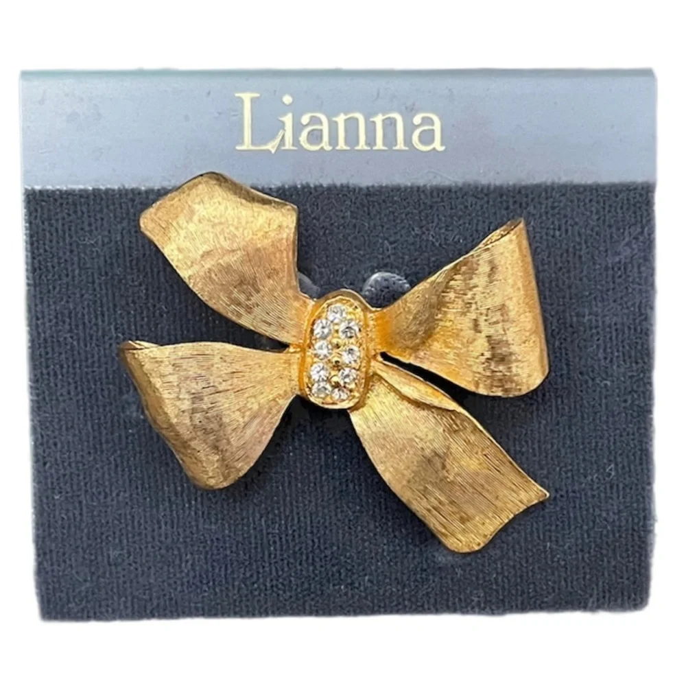 Gold Bow Sparkling Rhinestones Statement Ornate Fleur Fe Lis Brooch Pin